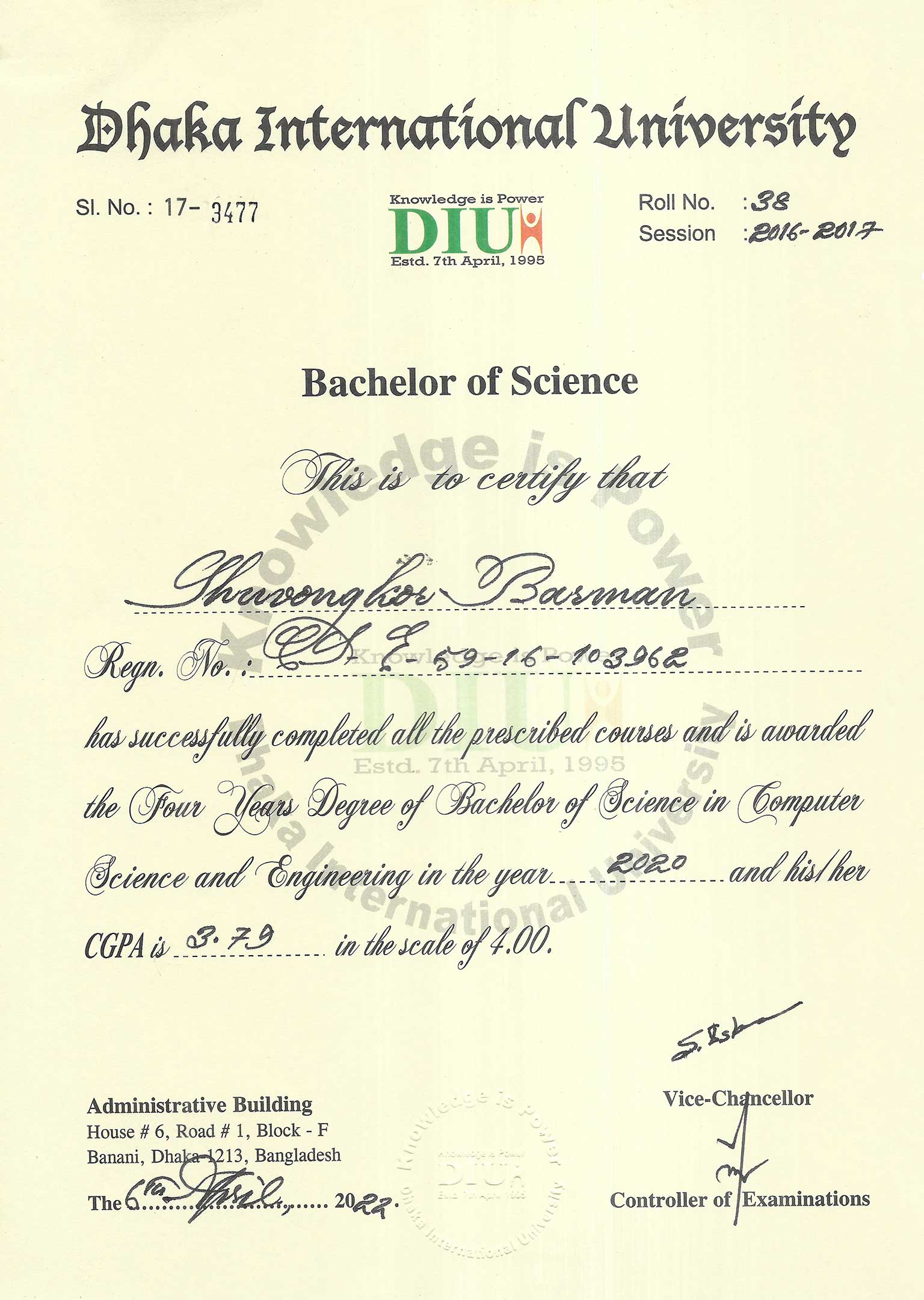 Shuvongkor's BSc Certificate - BTEB