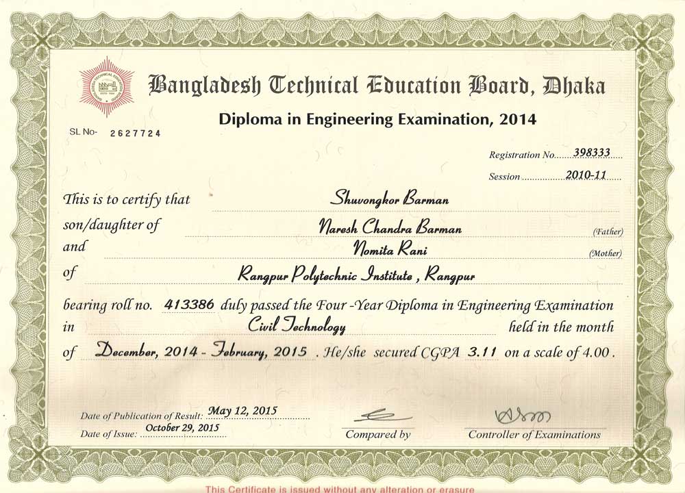 Shuvongkor's Diploma Certificate - BTEB