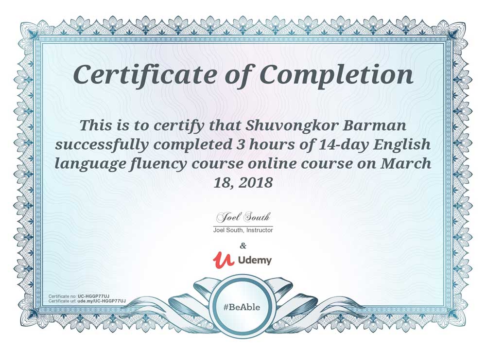 Shuvongkor's English Fluency Certificate - Udemy