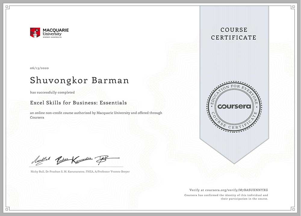 Shuvongkor's Exel Fundamental Certificate - Coursera