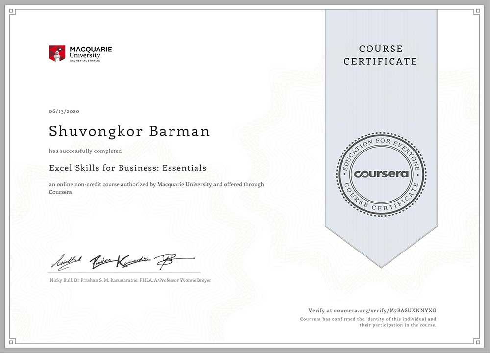 My Exel Fundamental Certificate - Coursera