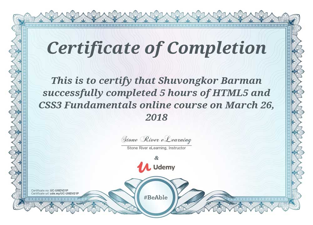 Shuvongkor's HTML5 and CSS3 Certificate - Udemy