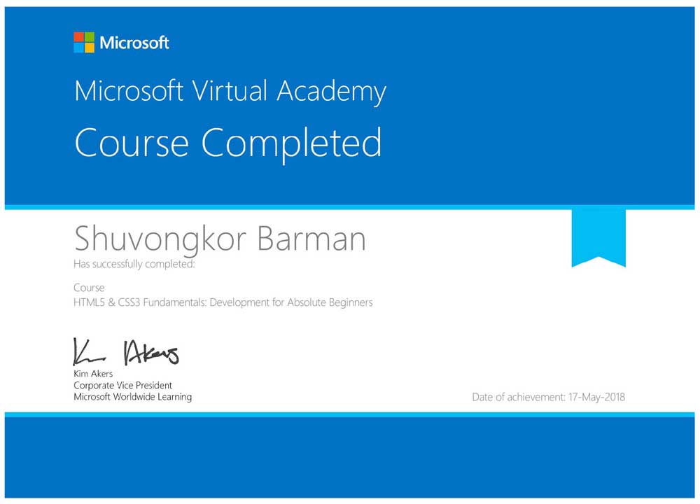Shuvongkor's HTML5 and CSS3 Certificate - Microsoft Academy
