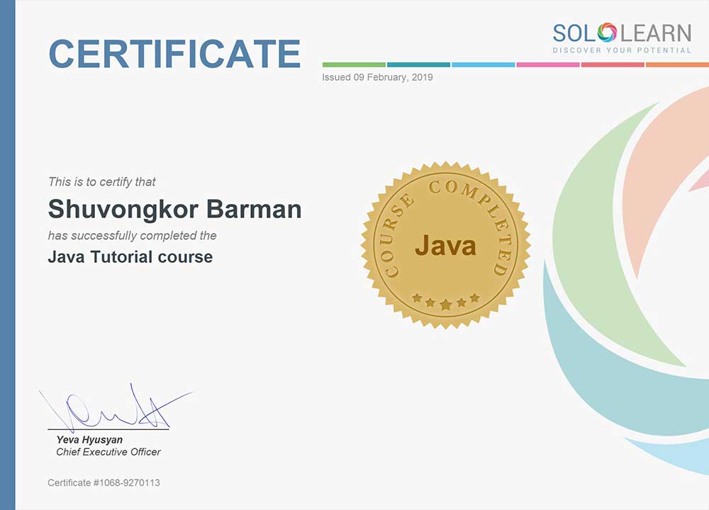 Shuvongkor's Java Certificate - SoloLearn