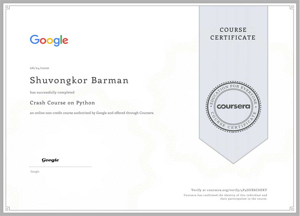 Shuvongkor's Python Certificate from Coursera - Microsoft Academy