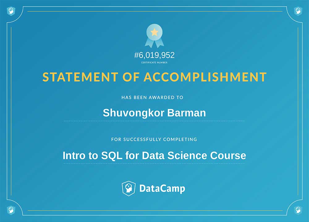 Shuvongkor's SQL Certificate - DataCamp