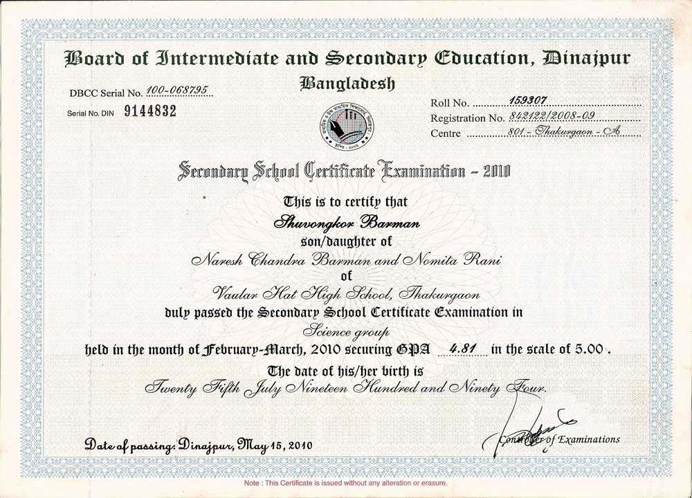 Shuvongkor's SSC Certificate - BISE
