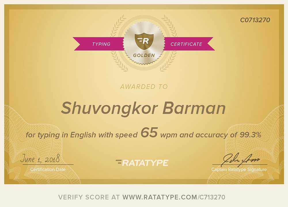 Shuvongkor's Typing Certificate - Ratatype